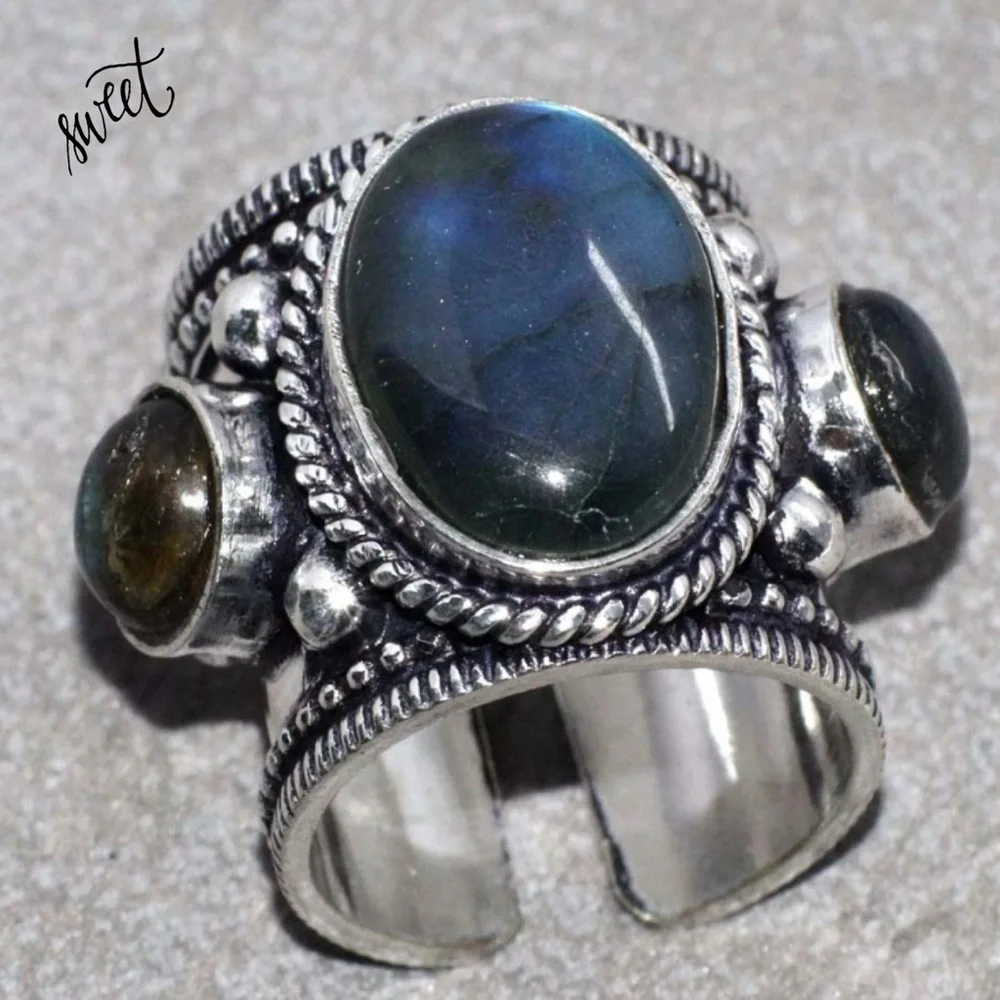 * Blue Flash * Labradorite Gemstone Chunky Handmade Shield Armor Ring - Picture 8 of 8